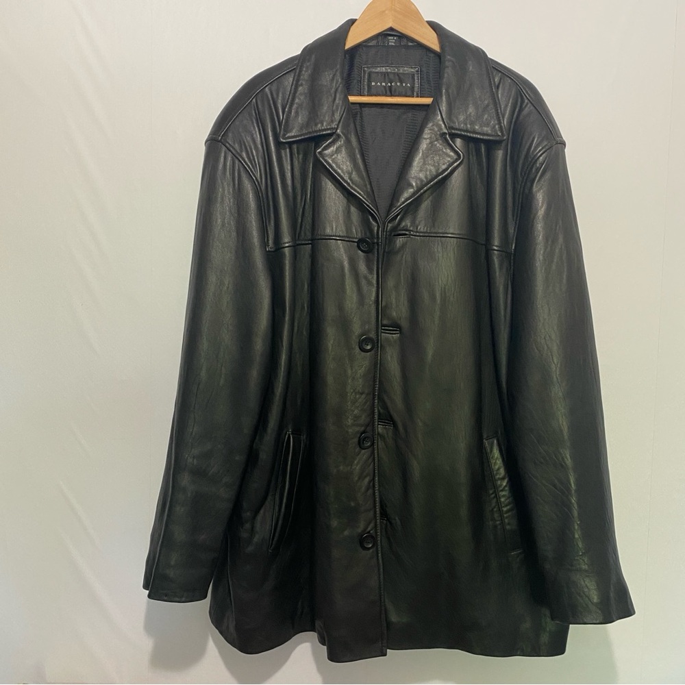 Baracuta Black Leather Jacket Mens XXL Oversized Button Front Classic Coat